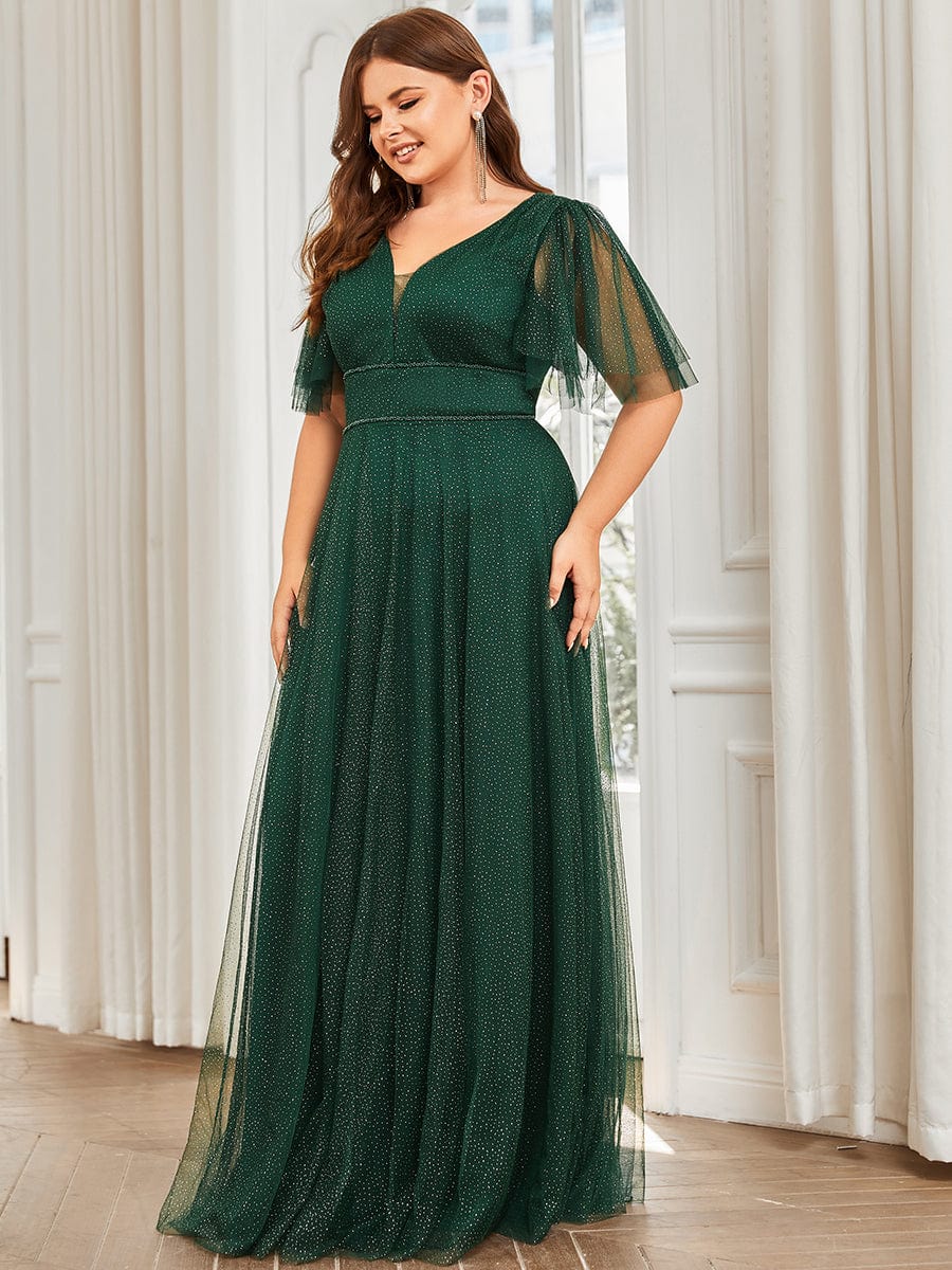 Plus Size Romantic V Neck Tulle Evening Dress with Ruffle Sleeves #color_Dark Green