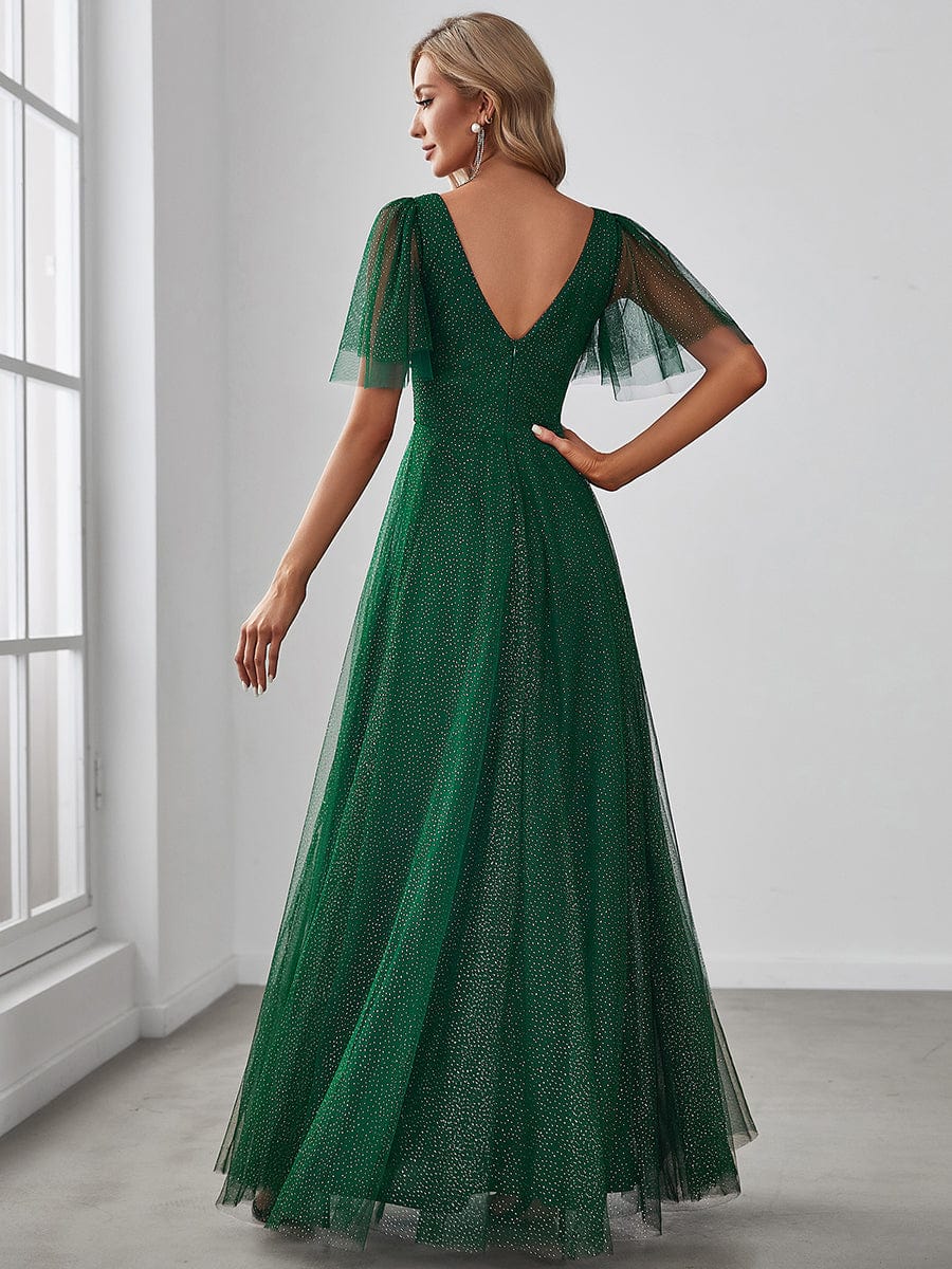 Romantic V Neck Tulle Evening Dress with Ruffle Sleeves #color_Dark Green