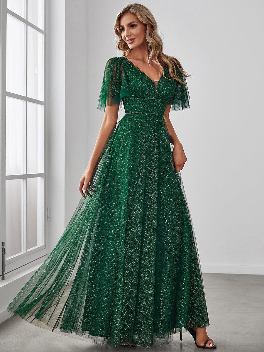 Romantic V Neck Tulle Evening Dress with Ruffle Sleeves #color_Dark Green