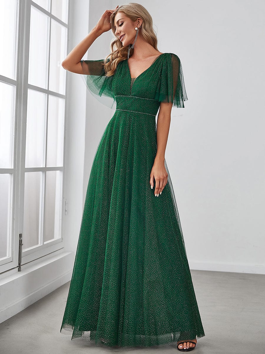 Romantic V Neck Tulle Evening Dress with Ruffle Sleeves #color_Dark Green