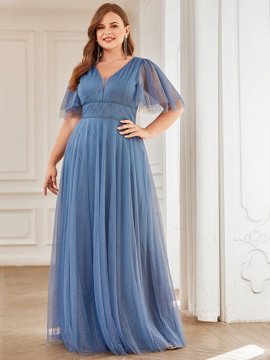 Romantic V Neck Tulle Evening Dress with Ruffle Sleeves #color_Dusty Navy