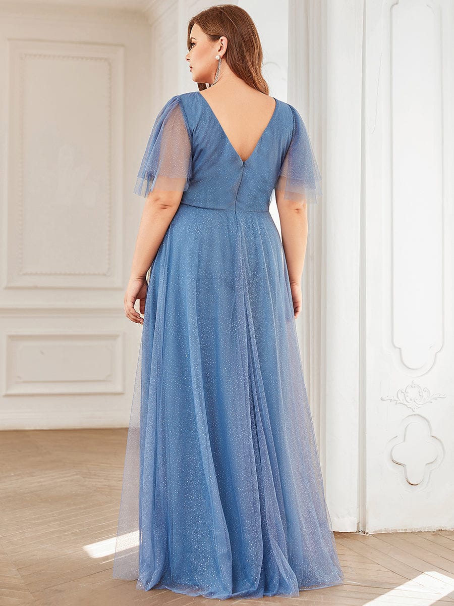 Romantic V Neck Tulle Evening Dress with Ruffle Sleeves #color_Dusty Blue