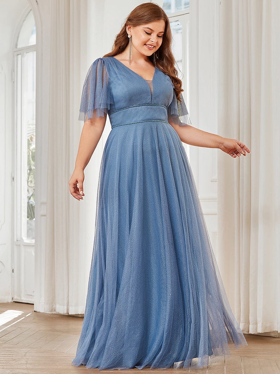 Romantic V Neck Tulle Evening Dress with Ruffle Sleeves #color_Dusty Blue