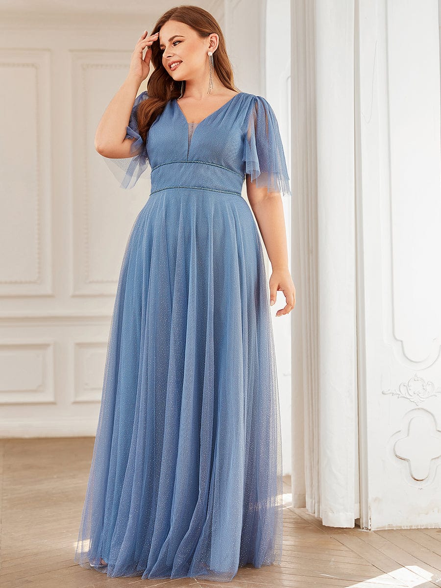 Romantic V Neck Tulle Evening Dress with Ruffle Sleeves #color_Dusty Navy