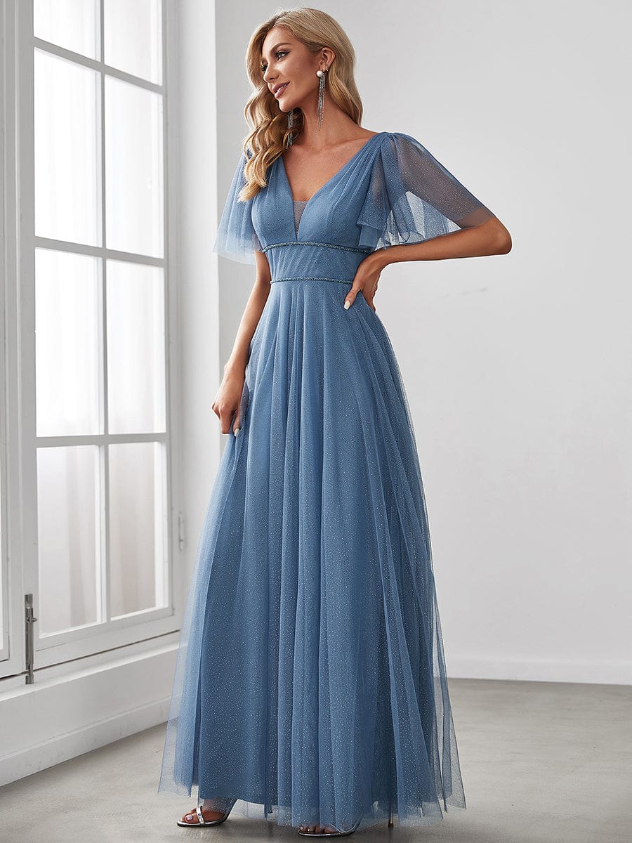 Romantic V Neck Tulle Evening Dress with Ruffle Sleeves #color_Dusty Navy