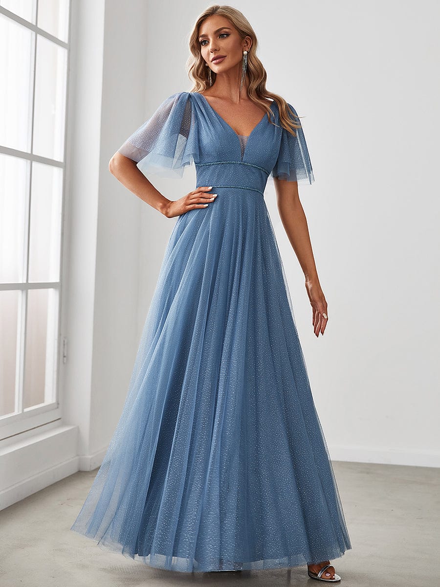 Romantic V Neck Tulle Evening Dress with Ruffle Sleeves #color_Dusty Blue