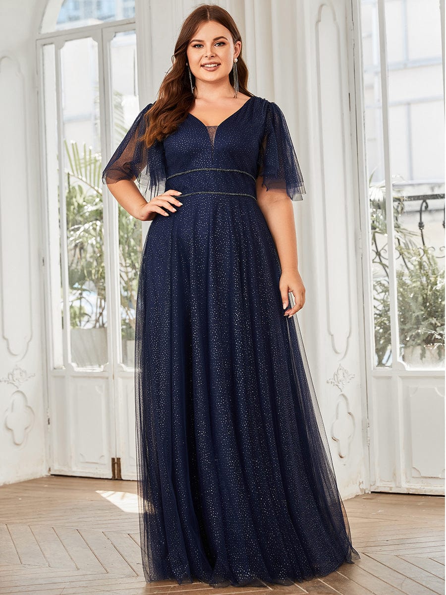 Plus Size Romantic V Neck Tulle Evening Dress with Ruffle Sleeves #color_Navy Blue