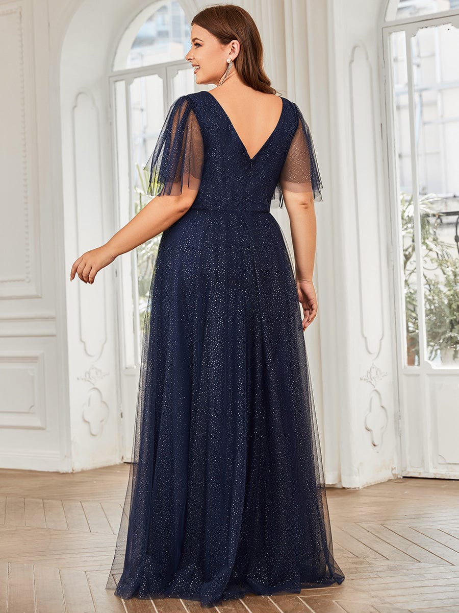 Plus Size Romantic V Neck Tulle Evening Dress with Ruffle Sleeves #color_Navy Blue