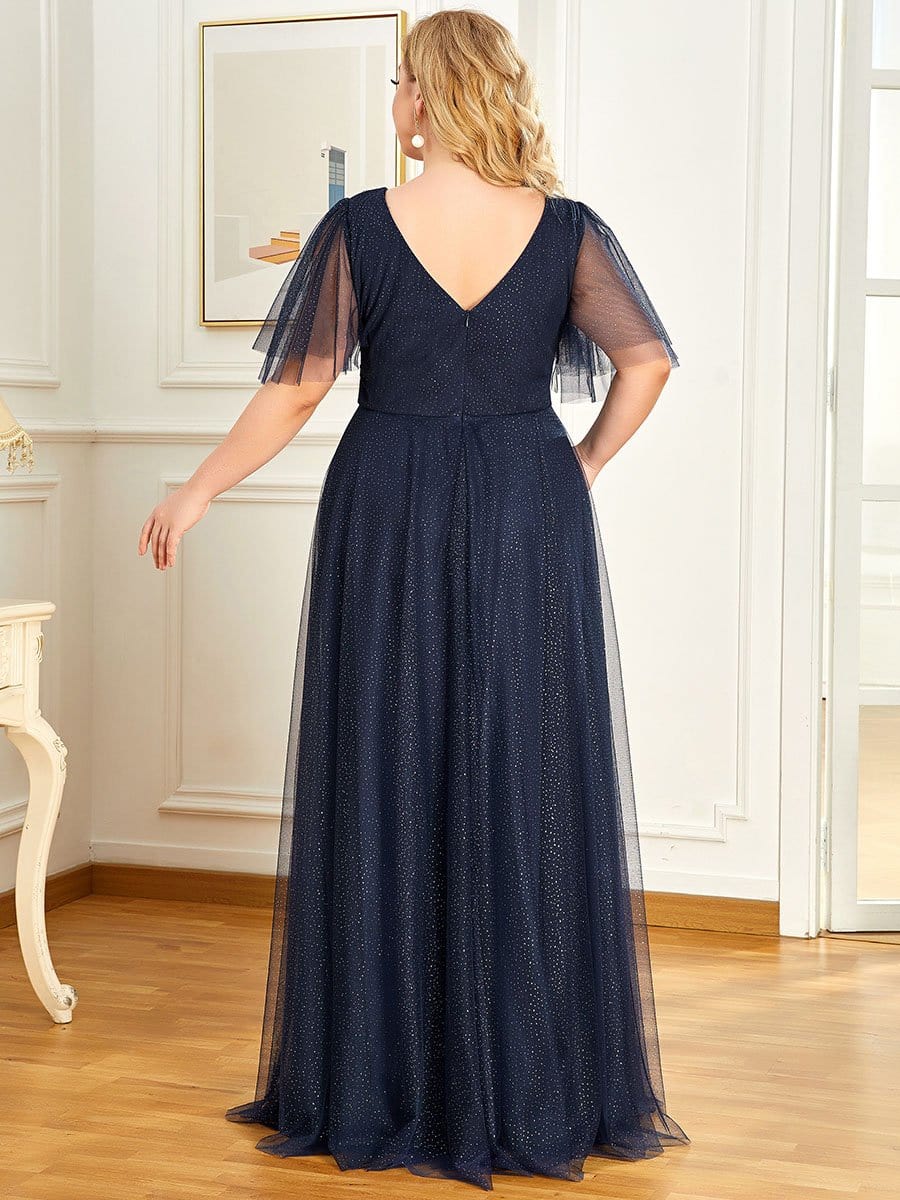 Romantic V Neck Tulle Evening Dress with Ruffle Sleeves #color_Navy Blue