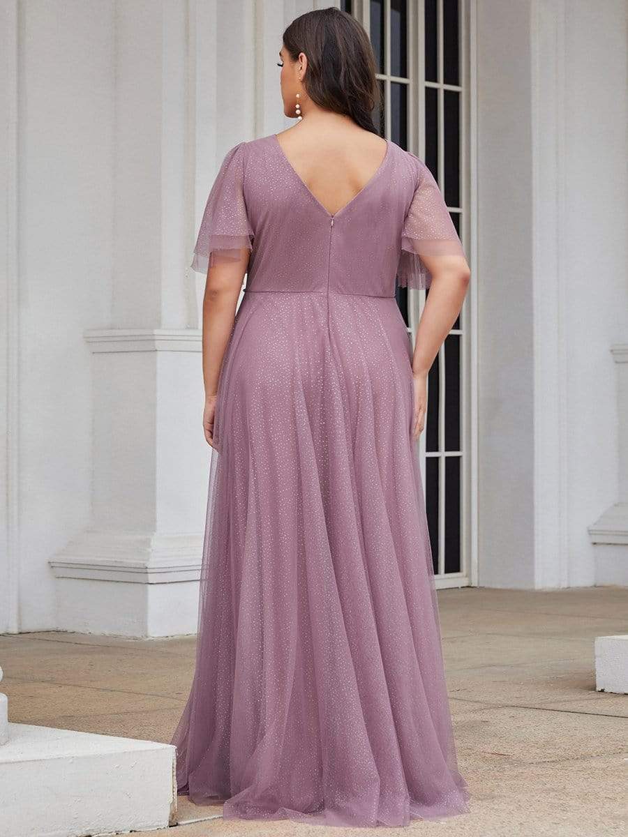 Plus Size Romantic V Neck Tulle Evening Dress with Ruffle Sleeves #color_Purple Orchid