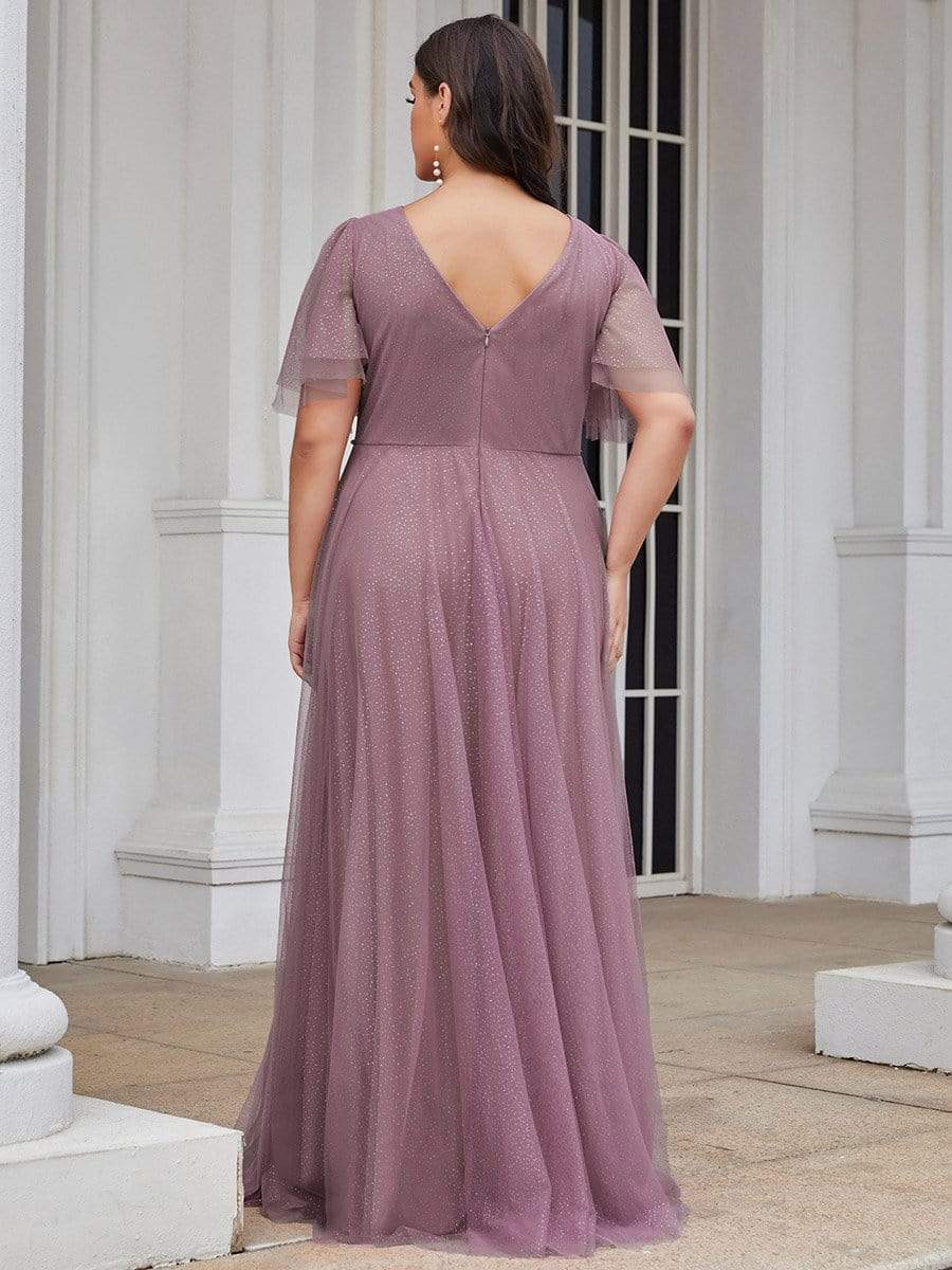 Romantic V Neck Tulle Evening Dress with Ruffle Sleeves #color_Purple Orchid