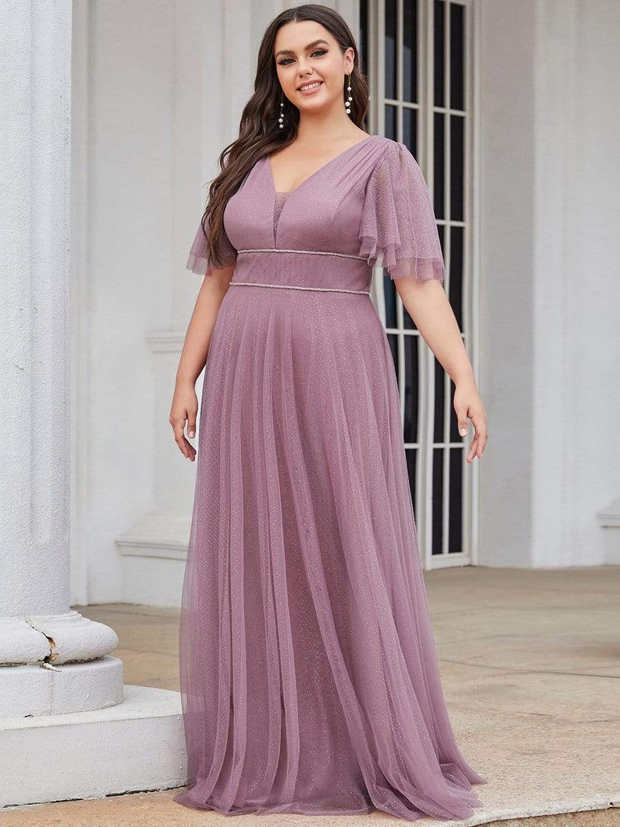 Plus Size Romantic V Neck Tulle Evening Dress with Ruffle Sleeves #color_Purple Orchid