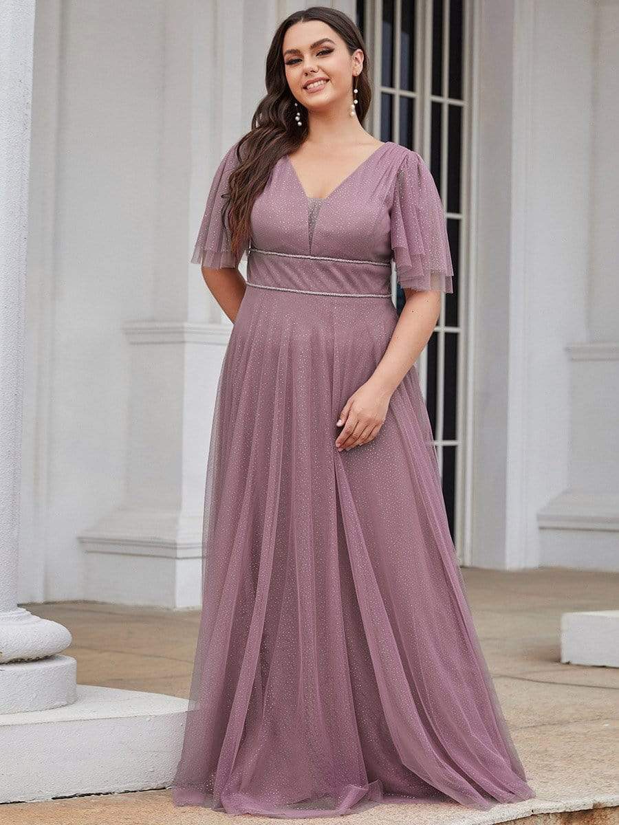 Romantic V Neck Tulle Evening Dress with Ruffle Sleeves #color_Purple Orchid