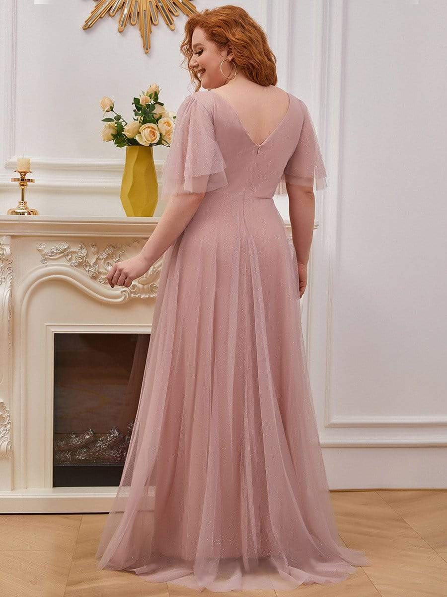 Plus Size Romantic V Neck Tulle Evening Dress with Ruffle Sleeves #color_Pink