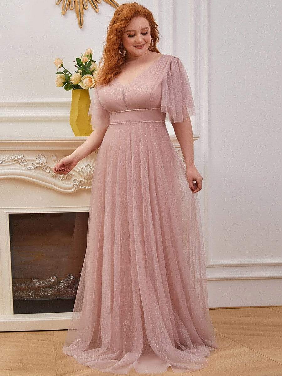 Plus Size Romantic V Neck Tulle Evening Dress with Ruffle Sleeves #color_Pink