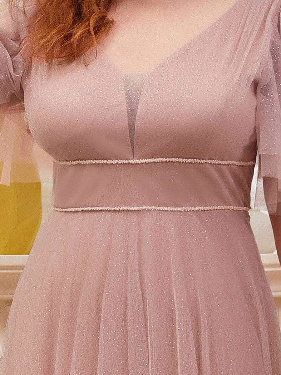 Plus Size Romantic V Neck Tulle Evening Dress with Ruffle Sleeves #color_Pink