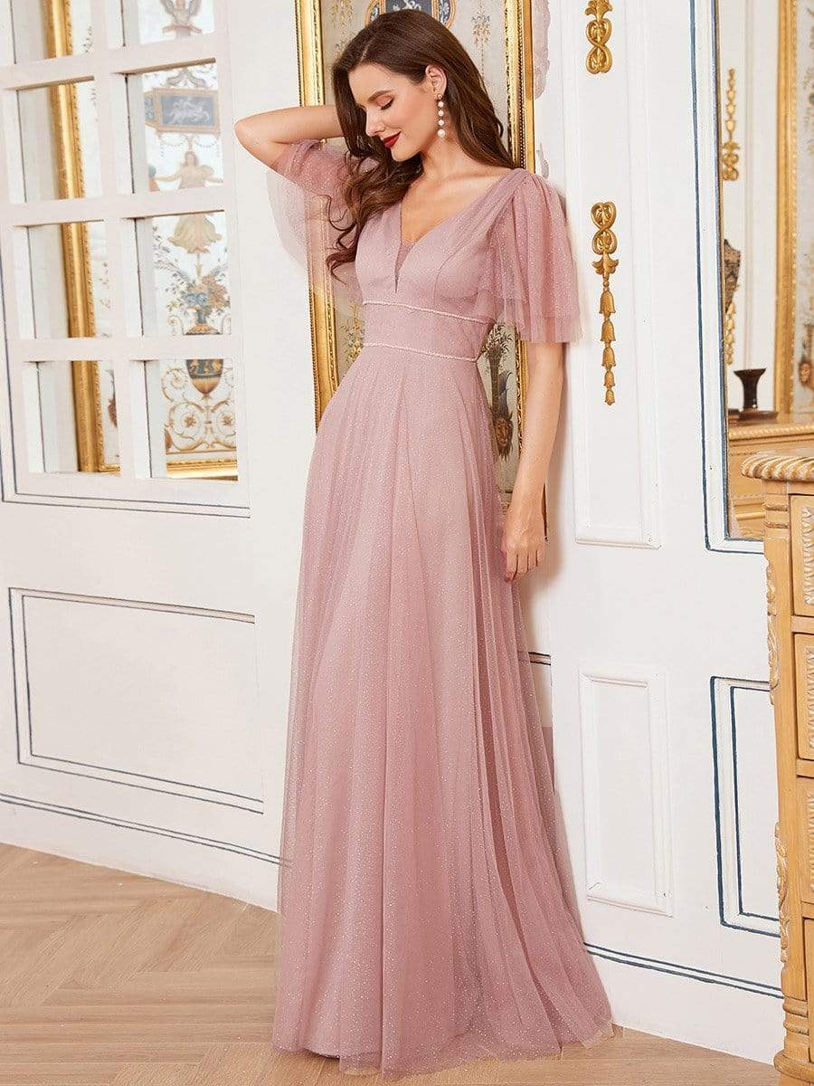 Romantic V Neck Tulle Evening Dress with Ruffle Sleeves #color_Pink