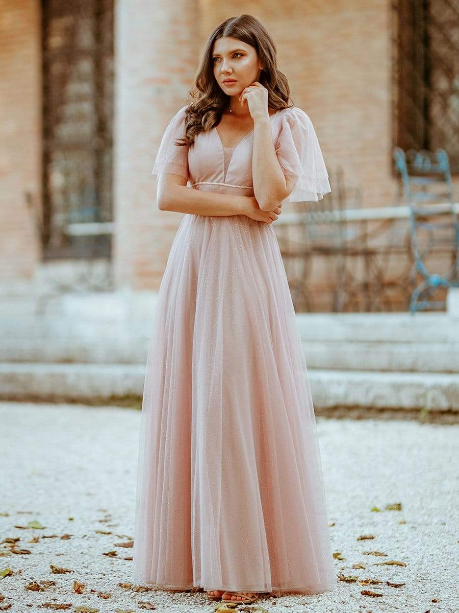 Romantic V Neck Tulle Evening Dress with Ruffle Sleeves #color_Pink