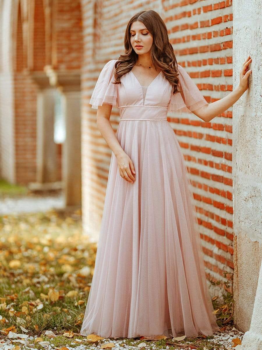 Romantic V Neck Tulle Evening Dress with Ruffle Sleeves #color_Pink