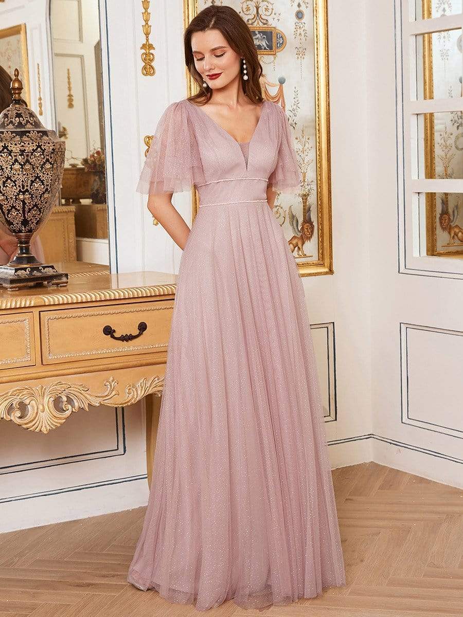 Romantic V Neck Tulle Evening Dress with Ruffle Sleeves #color_Pink