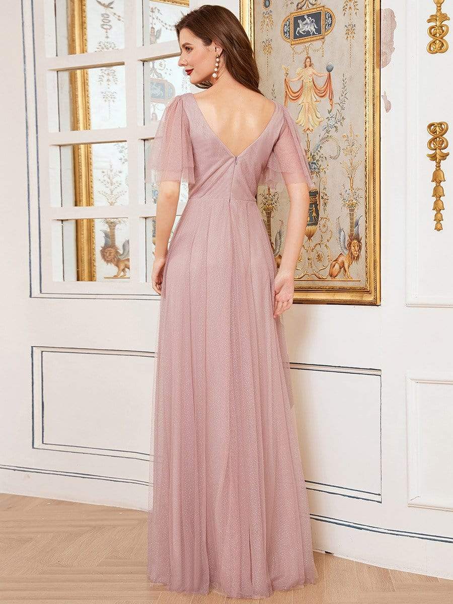 Romantic V Neck Tulle Evening Dress with Ruffle Sleeves #color_Pink