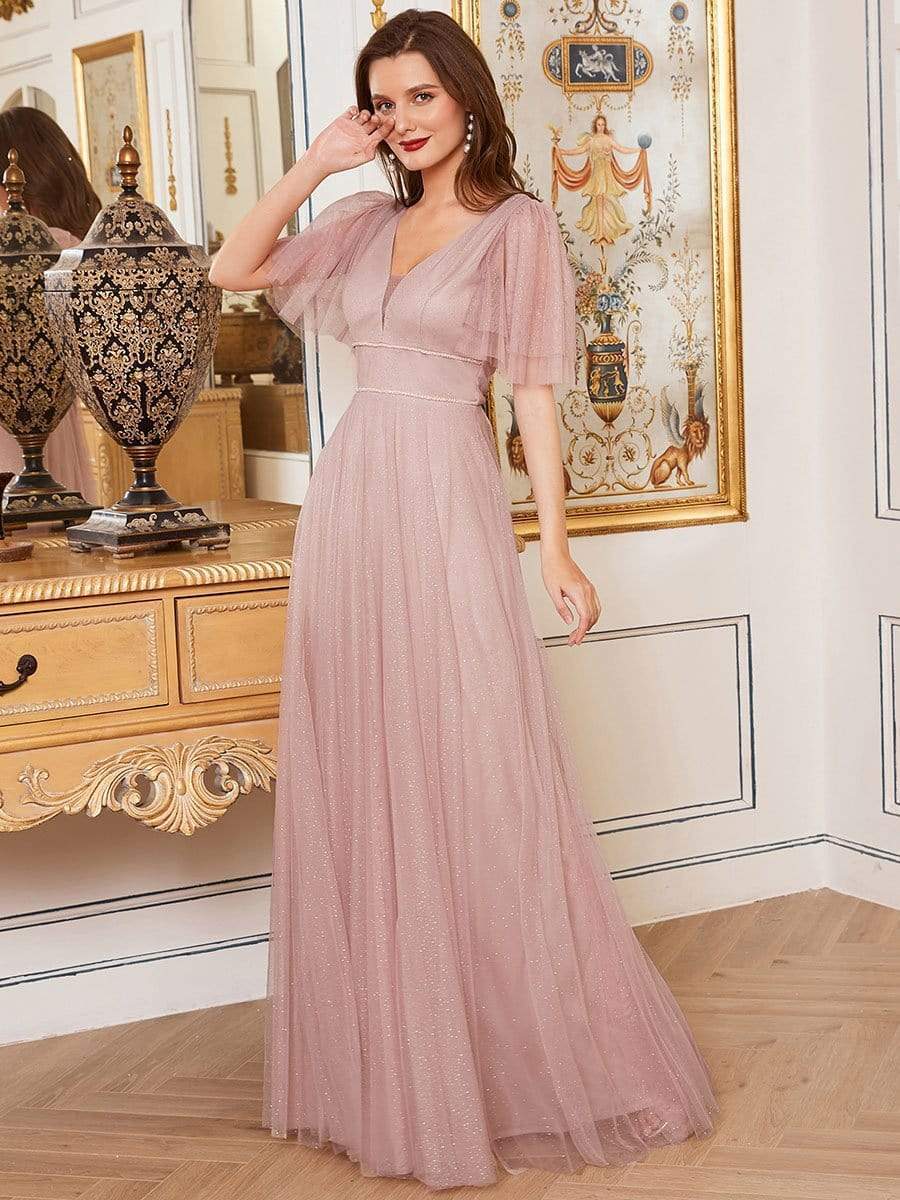 Romantic V Neck Tulle Evening Dress with Ruffle Sleeves #color_Pink