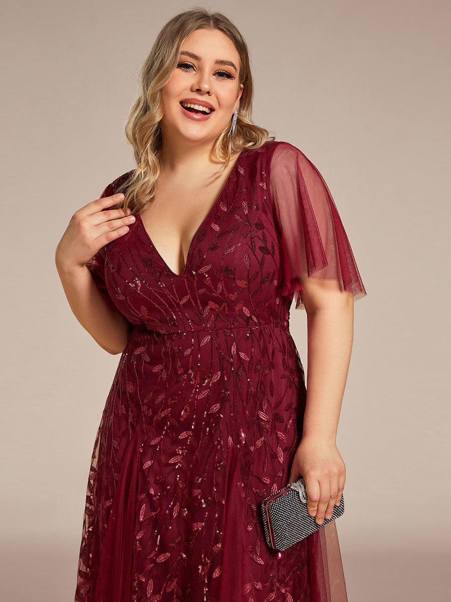 Custom Size V Neck Ruffle Sleeves Sequin Maxi Evening Dress #color_Burgundy