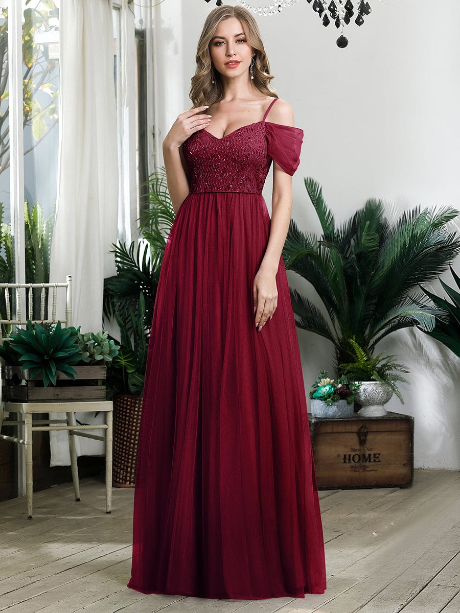 Sequin Bodice Cold Shoulder Floor Length Tulle Bridesmaid Dress #color_Burgundy