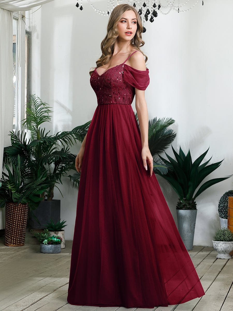 Sequin Bodice Cold Shoulder Floor Length Tulle Bridesmaid Dress #color_Burgundy