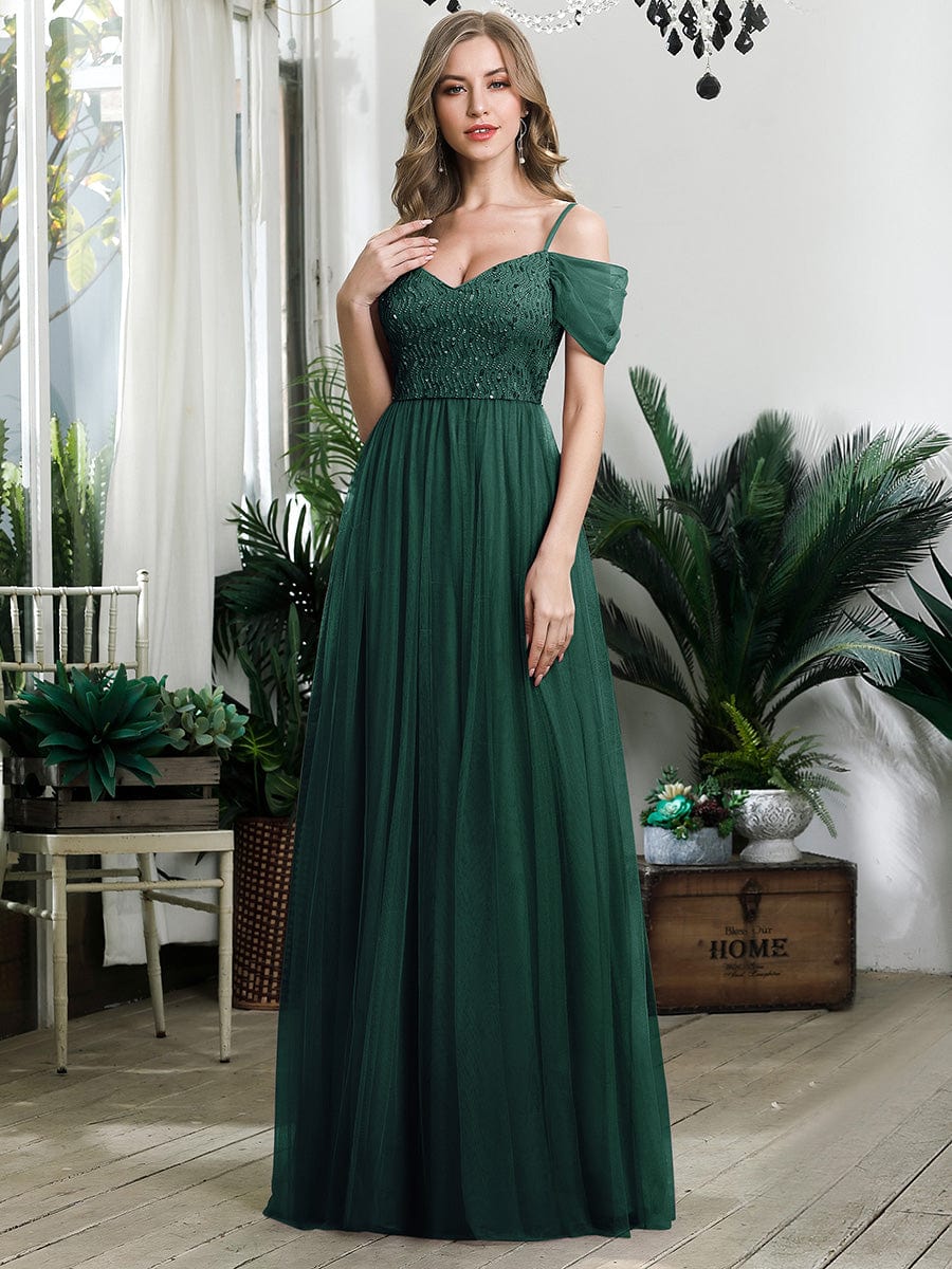 Sequin Bodice Cold Shoulder Floor Length Tulle Bridesmaid Dress #color_Dark Green