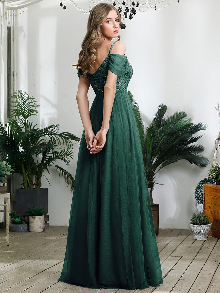 Sequin Bodice Cold Shoulder Floor Length Tulle Bridesmaid Dress #color_Dark Green