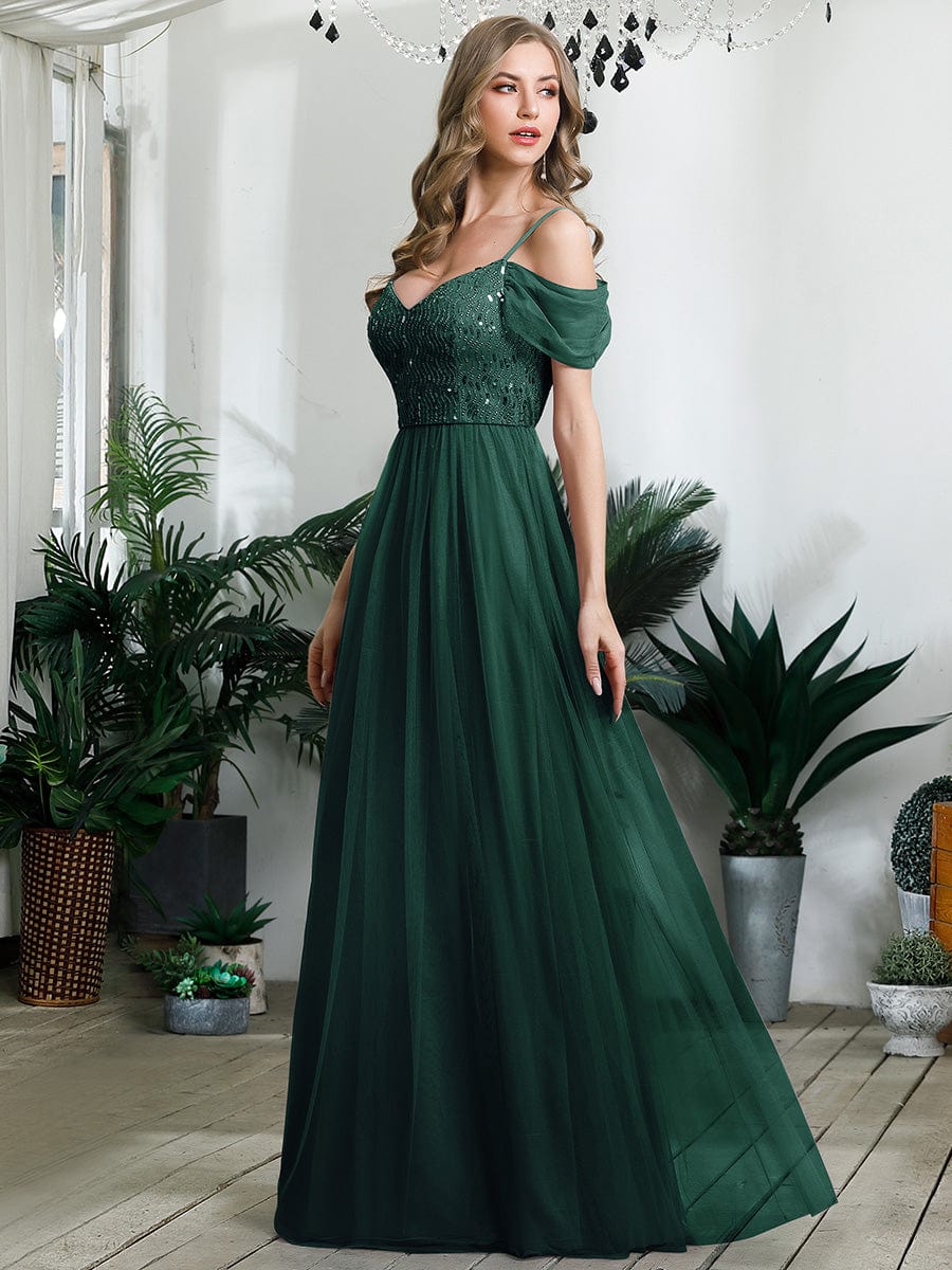 Sequin Bodice Cold Shoulder Floor Length Tulle Bridesmaid Dress #color_Dark Green