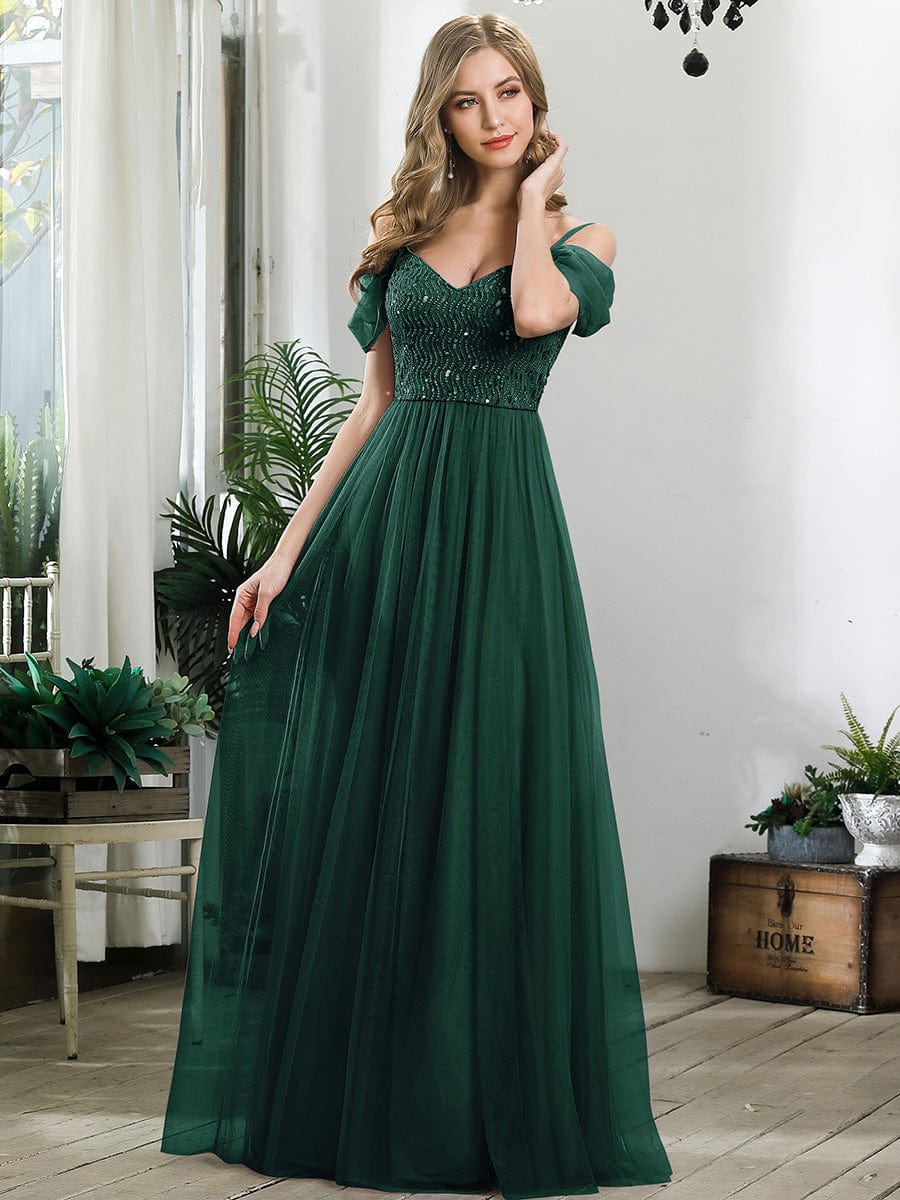 Sequin Bodice Cold Shoulder Floor Length Tulle Bridesmaid Dress #color_Dark Green