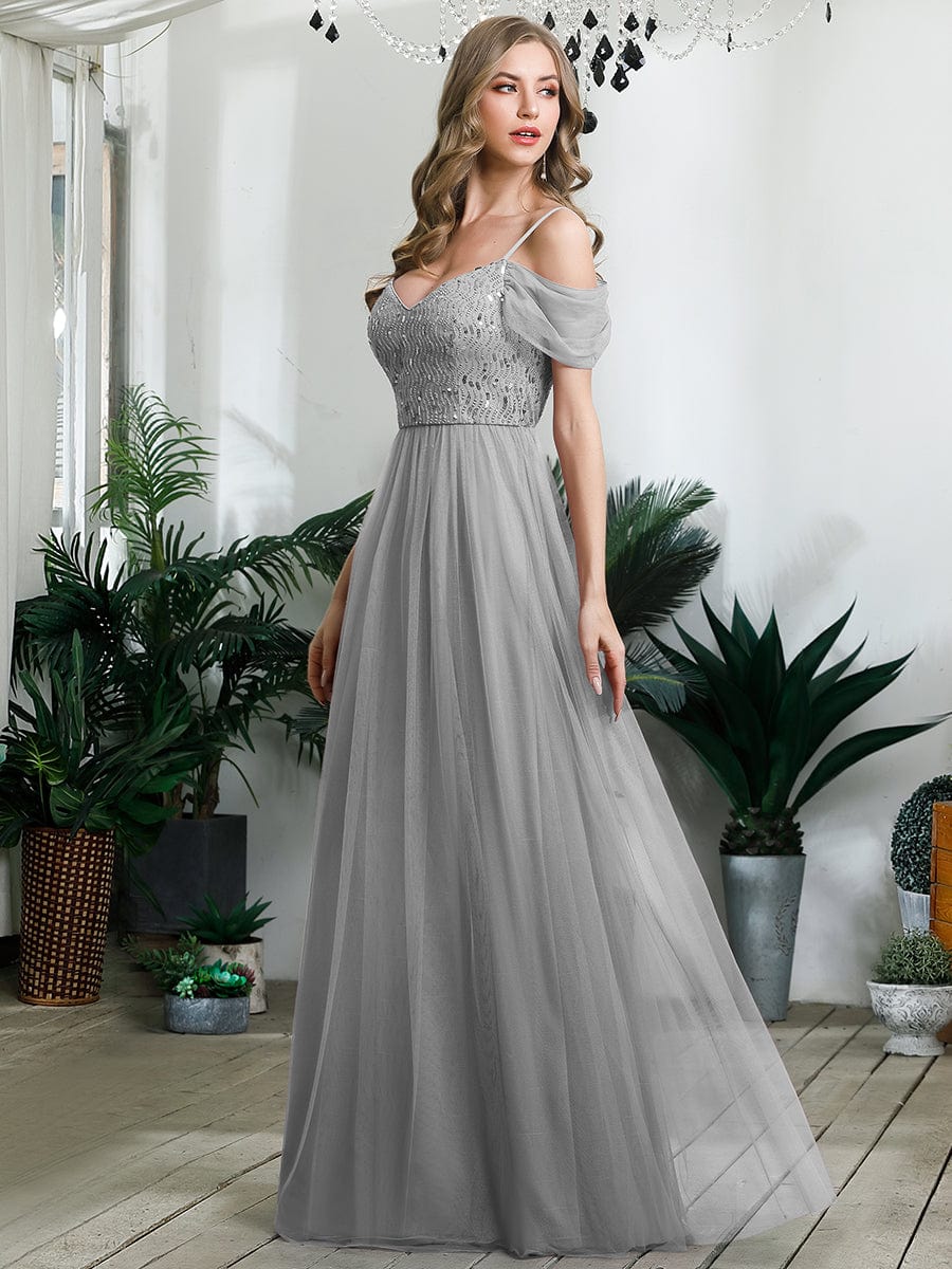 Sequin Bodice Cold Shoulder Floor Length Tulle Bridesmaid Dress #color_Grey