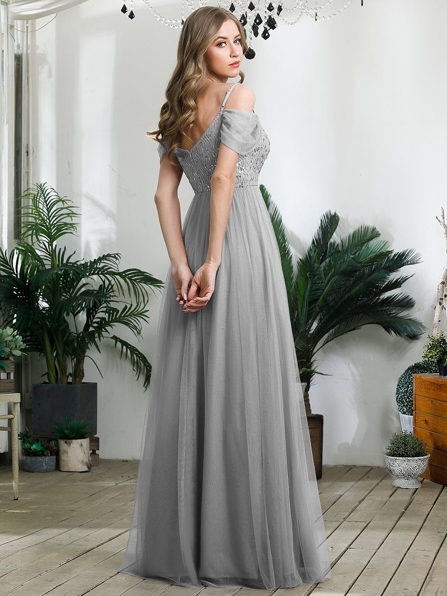 Sequin Bodice Cold Shoulder Floor Length Tulle Bridesmaid Dress #color_Grey