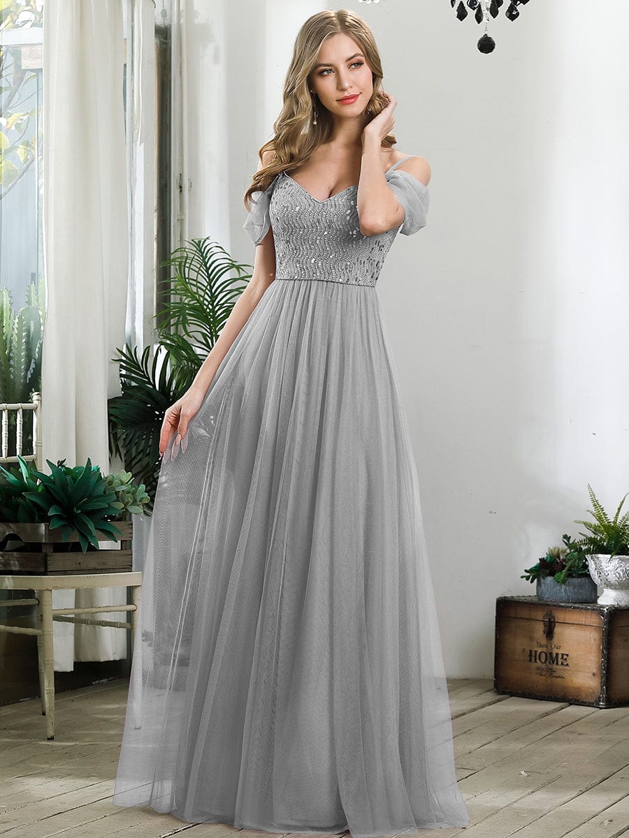 Sequin Bodice Cold Shoulder Floor Length Tulle Bridesmaid Dress #color_Grey