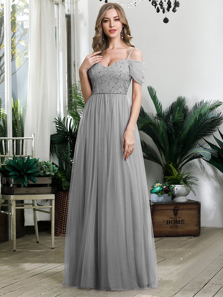 Sequin Bodice Cold Shoulder Floor Length Tulle Bridesmaid Dress #color_Grey