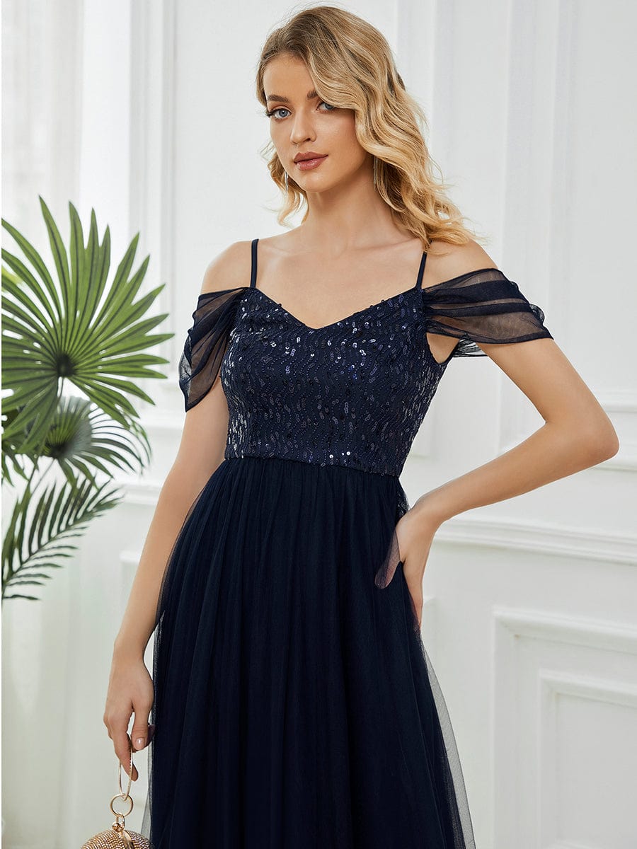 Sequin Bodice Cold Shoulder Floor Length Tulle Bridesmaid Dress #color_Navy Blue