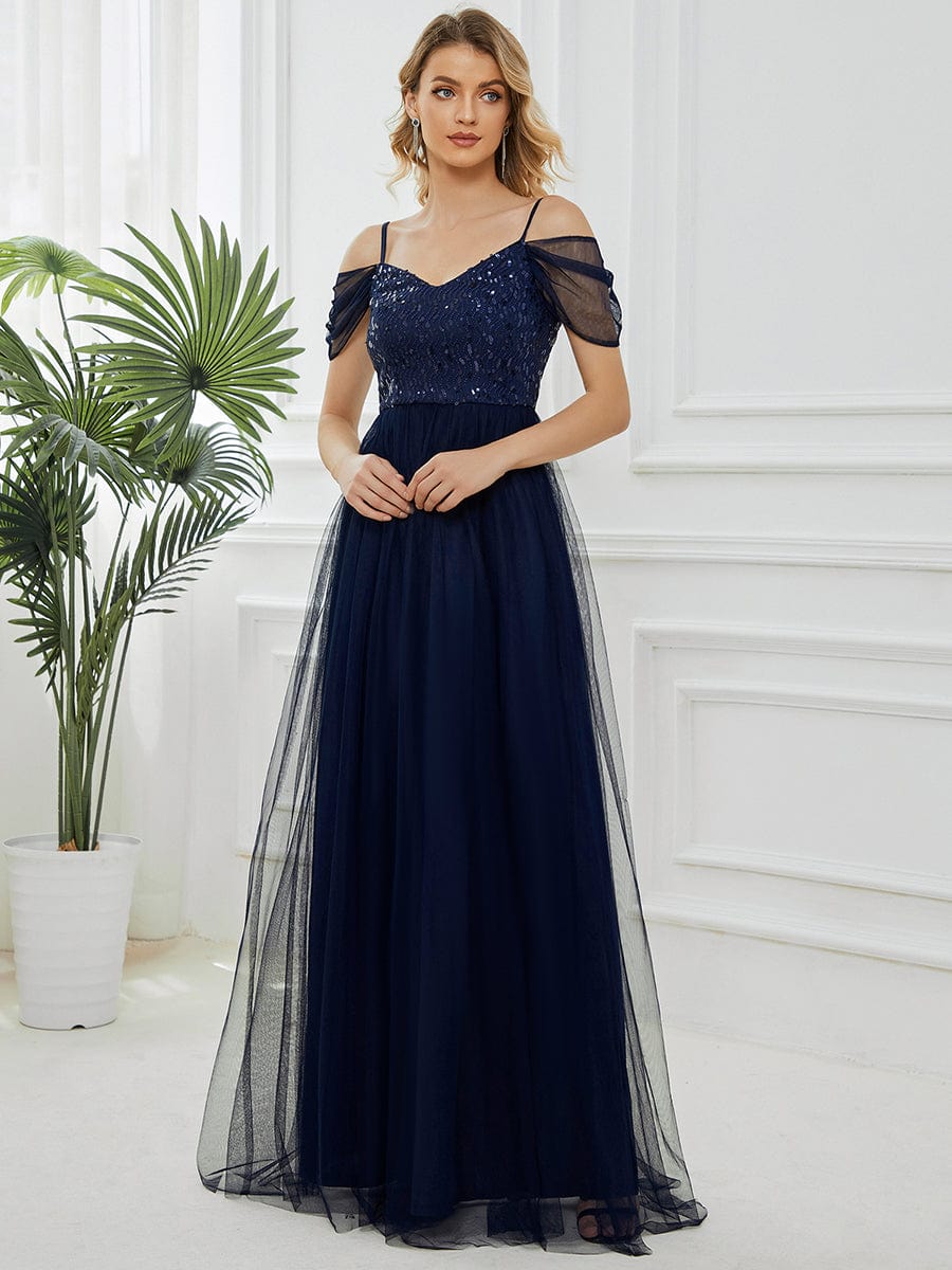 Sequin Bodice Cold Shoulder Floor Length Tulle Bridesmaid Dress #color_Navy Blue