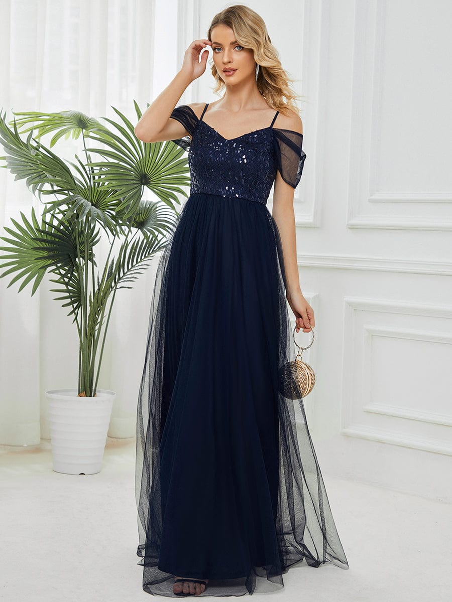 Sequin Bodice Cold Shoulder Floor Length Tulle Bridesmaid Dress #color_Navy Blue