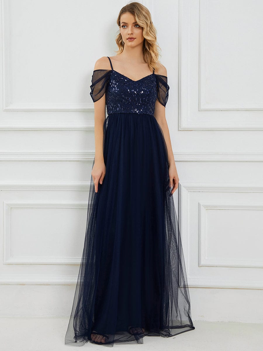 Sequin Bodice Cold Shoulder Floor Length Tulle Bridesmaid Dress #color_Navy Blue