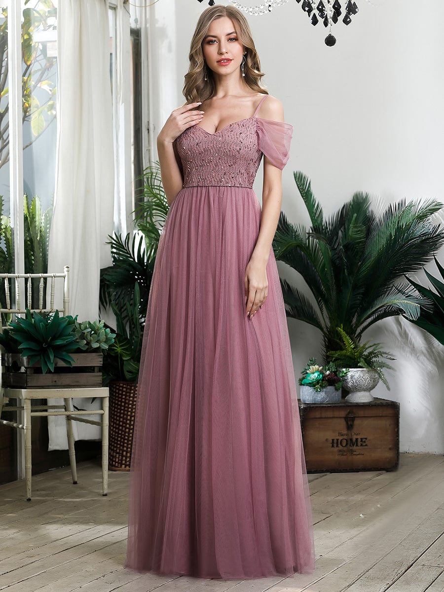 Sequin Bodice Cold Shoulder Floor Length Tulle Bridesmaid Dress #color_Purple Orchid