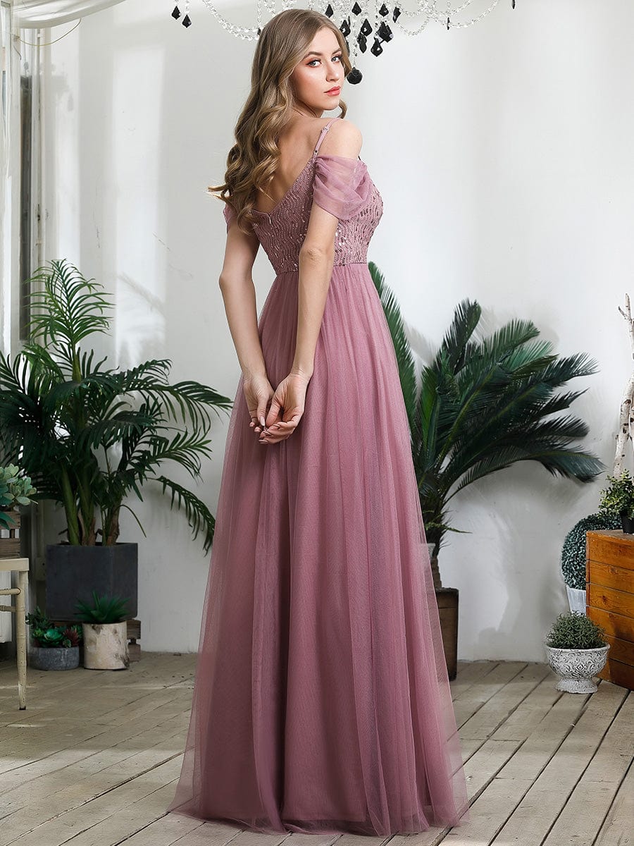 Sequin Bodice Cold Shoulder Floor Length Tulle Bridesmaid Dress #color_Purple Orchid