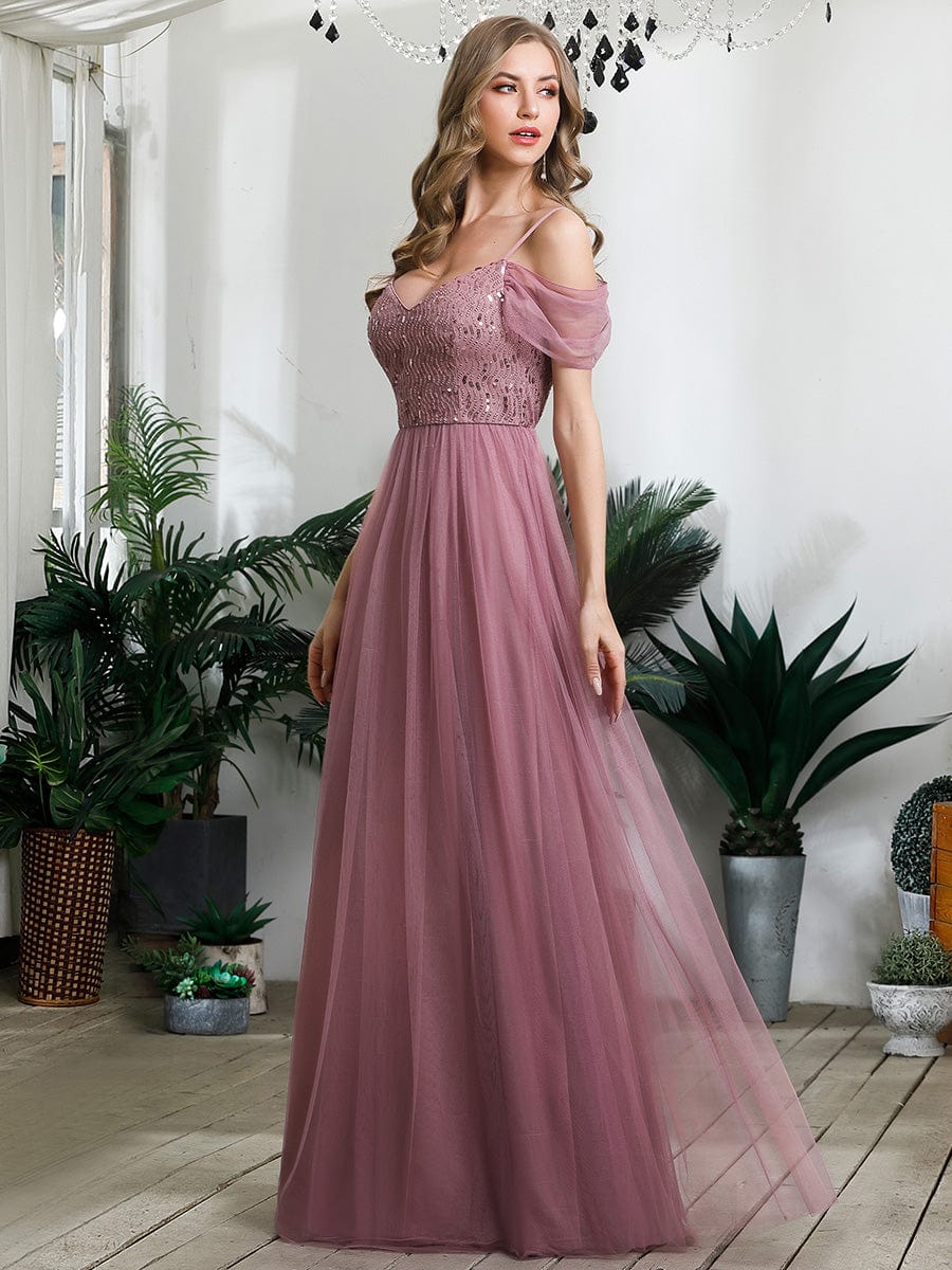 Sequin Bodice Cold Shoulder Floor Length Tulle Bridesmaid Dress #color_Purple Orchid