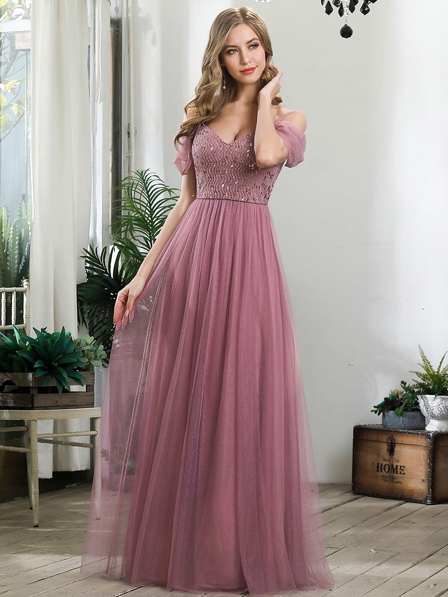 Sequin Bodice Cold Shoulder Floor Length Tulle Bridesmaid Dress #color_Purple Orchid