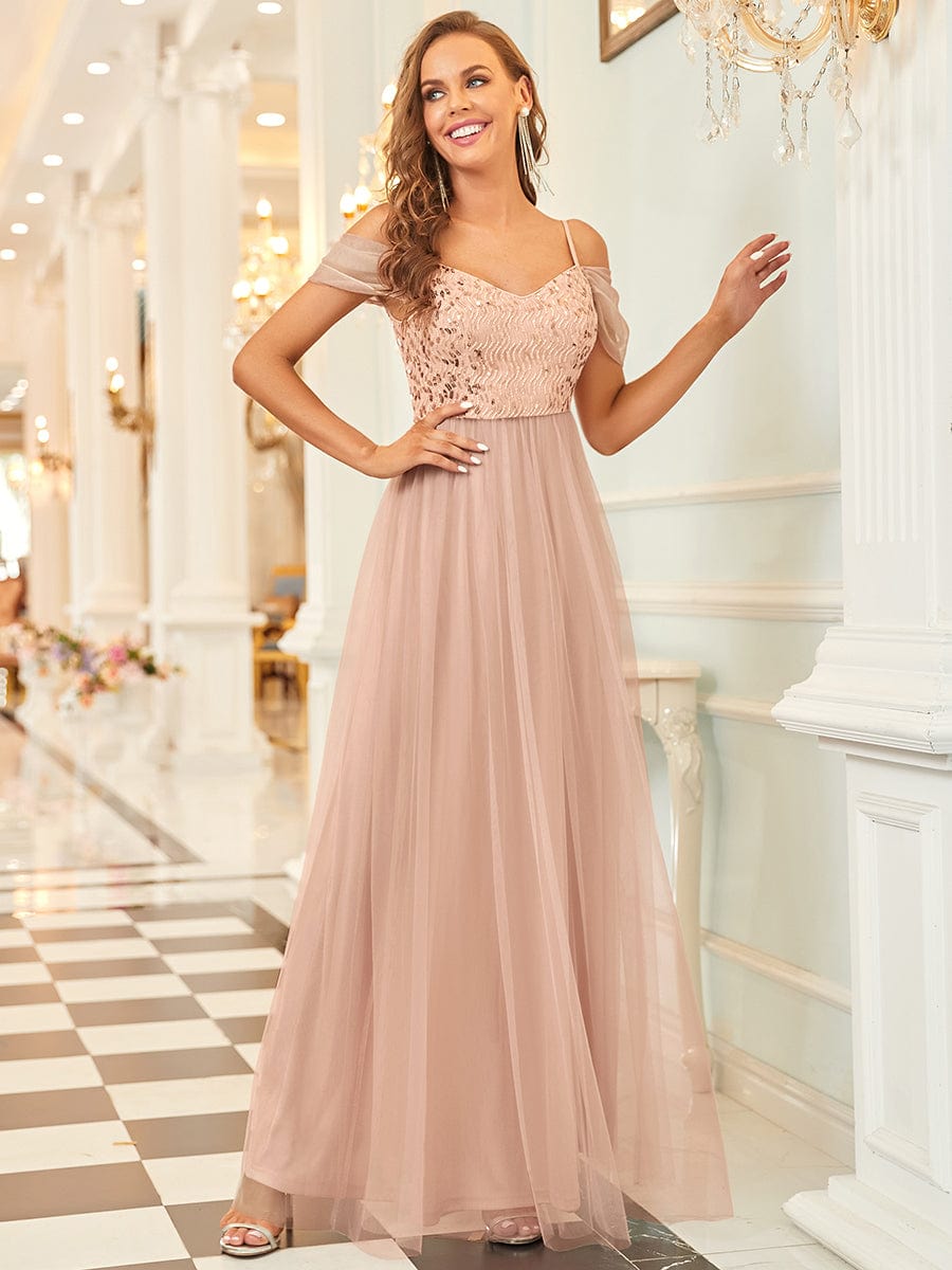 Sequin Bodice Cold Shoulder Floor Length Tulle Bridesmaid Dress #color_Rose Gold