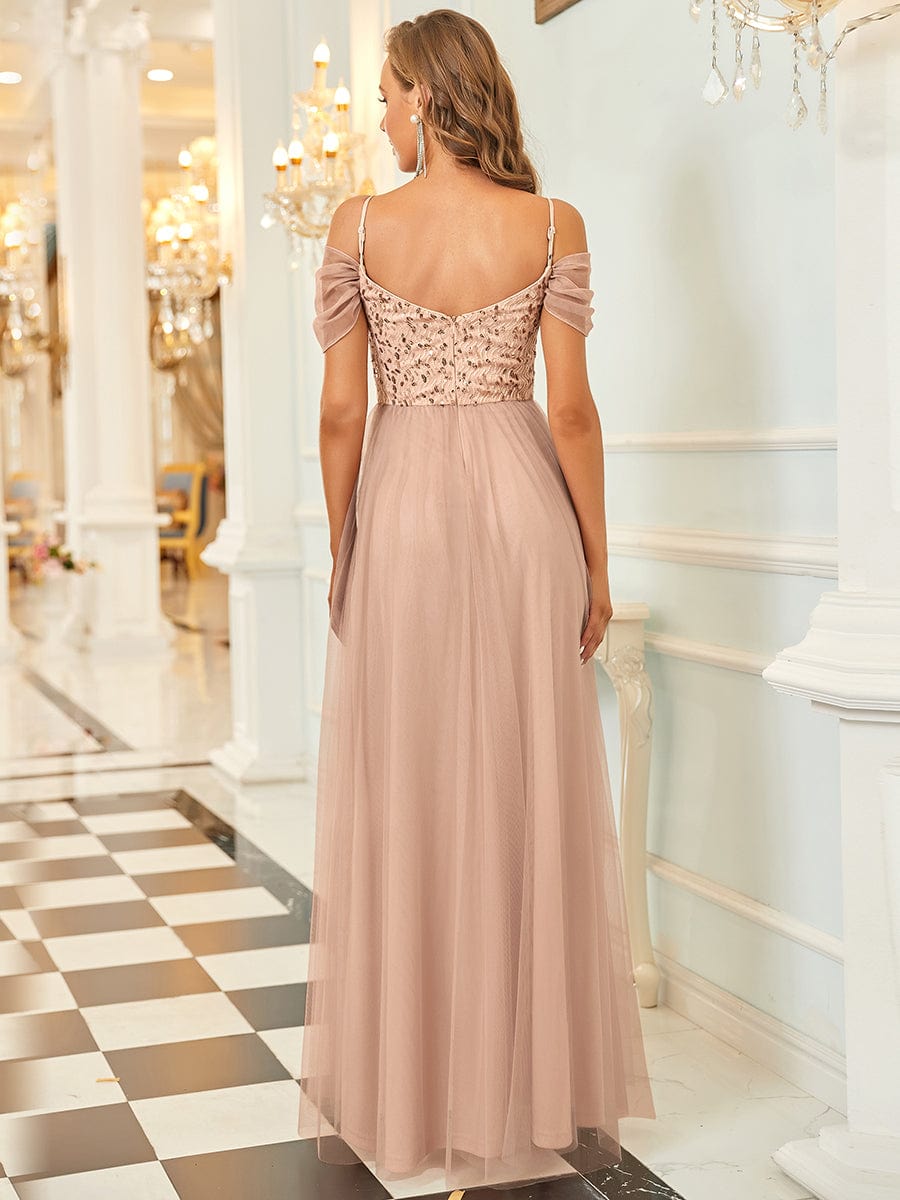 Sequin Bodice Cold Shoulder Floor Length Tulle Bridesmaid Dress #color_Rose Gold