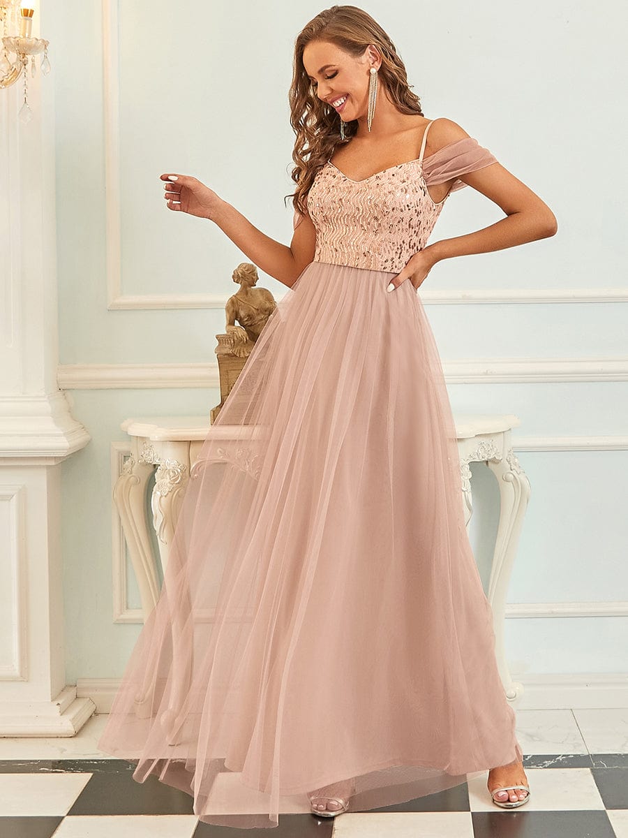 Sequin Bodice Cold Shoulder Floor Length Tulle Bridesmaid Dress #color_Rose Gold