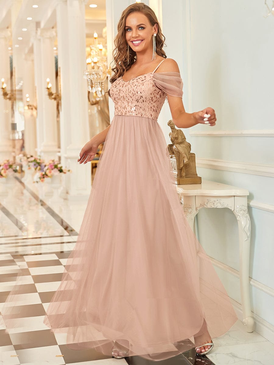 Sequin Bodice Cold Shoulder Floor Length Tulle Bridesmaid Dress #color_Rose Gold