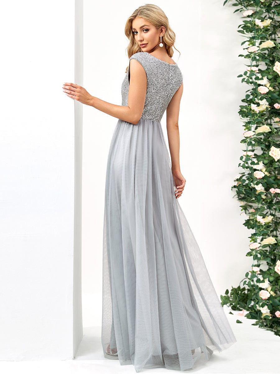 Sequin Illusion Plunging V-Neckline Sleeveless A-Line Tulle Evening Dress #color_Grey 